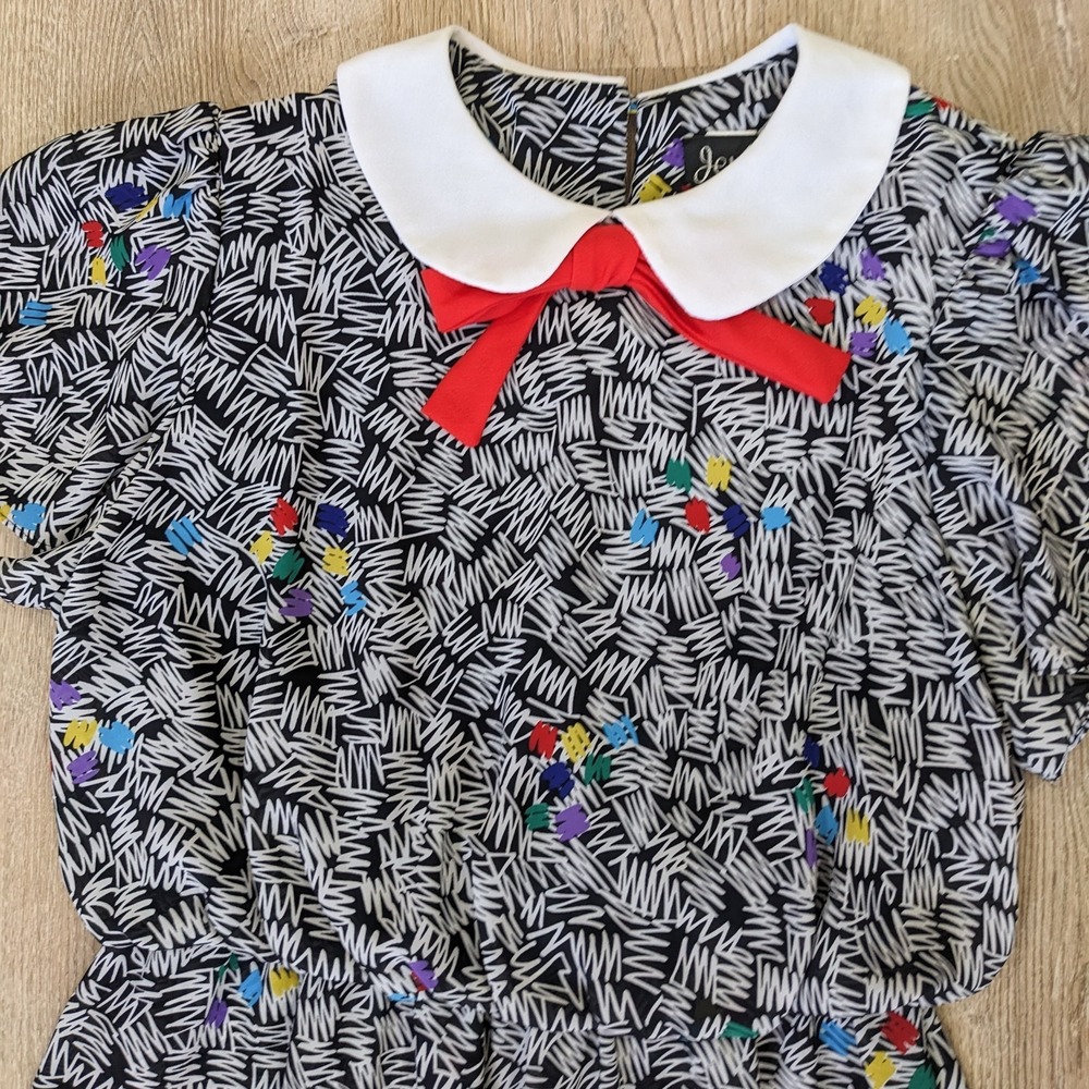 Vintage 80s Peter Pan Collar Abstract Dress L Bow Tie Blouson Art Teacher Quirky - Picture 5 of 16
